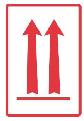 A red and white label with two arrows pointing upward with a straight line underneath. 