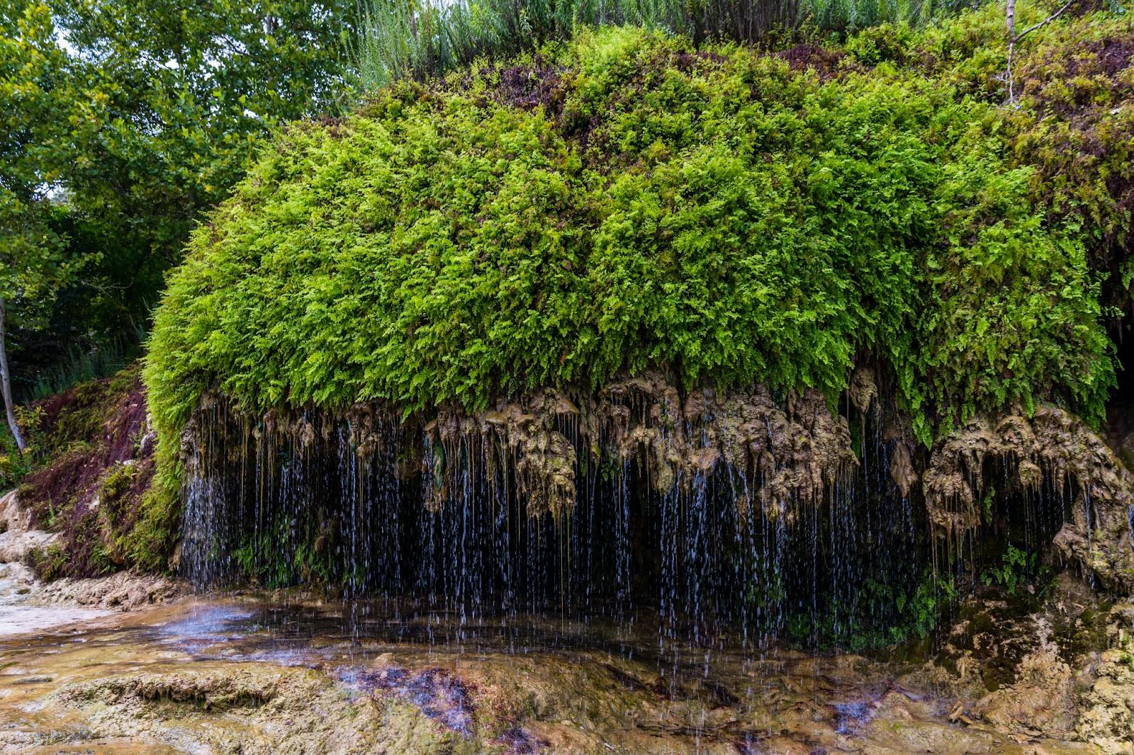 a small waterfall over a rock