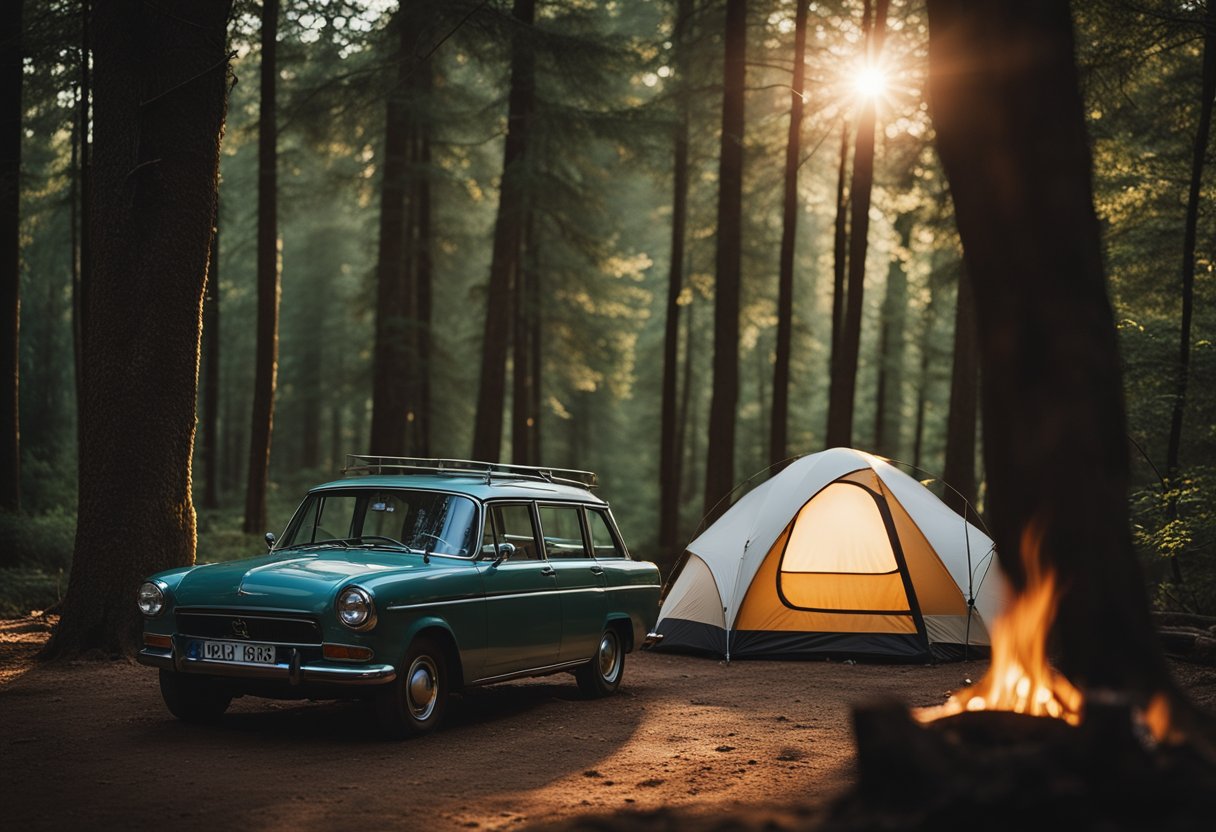 A car parked in a secluded forest clearing, with a tent set up nearby and a campfire burning. A stream flows in the background, and the sun is setting behind the trees