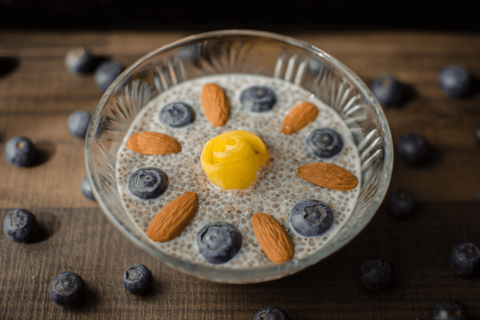 benefits of chia seeds - a delicious bowl of chia seeds with almons and blueberries