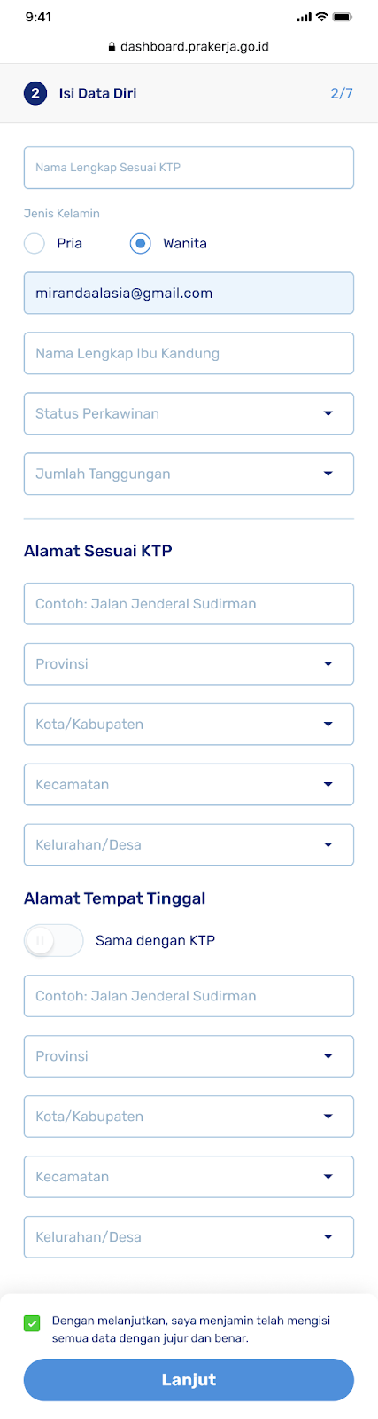 Form isi data diri prakerja