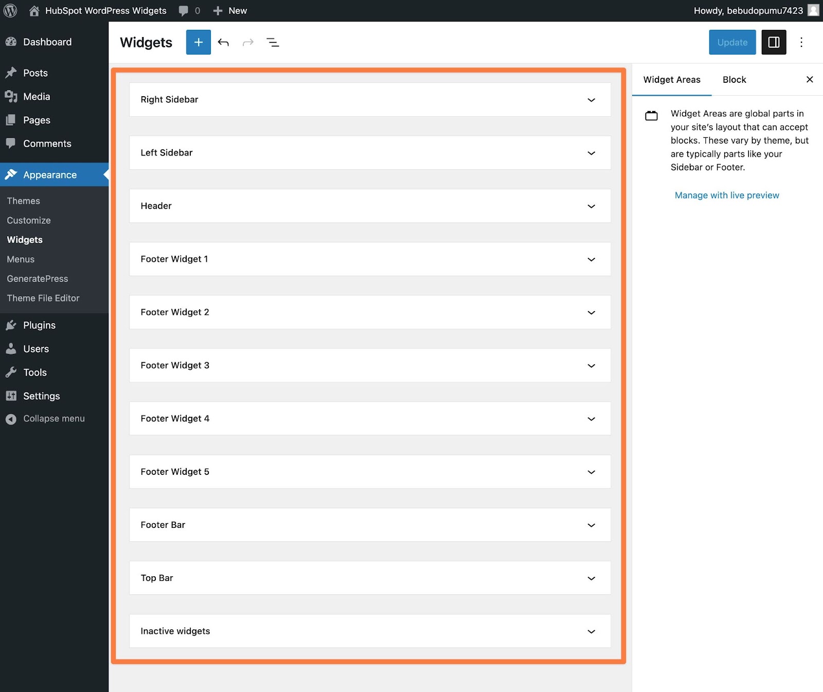 An example of what WordPress widget areas look like on the backend.