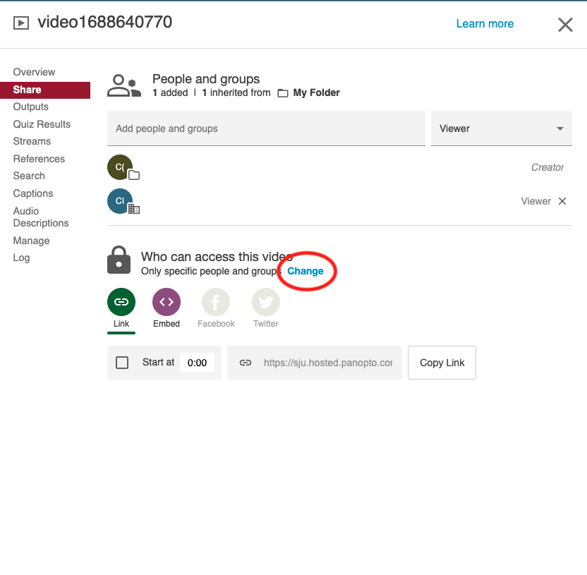 Screenshot of Panopto Share settings menu with the change access button circled.