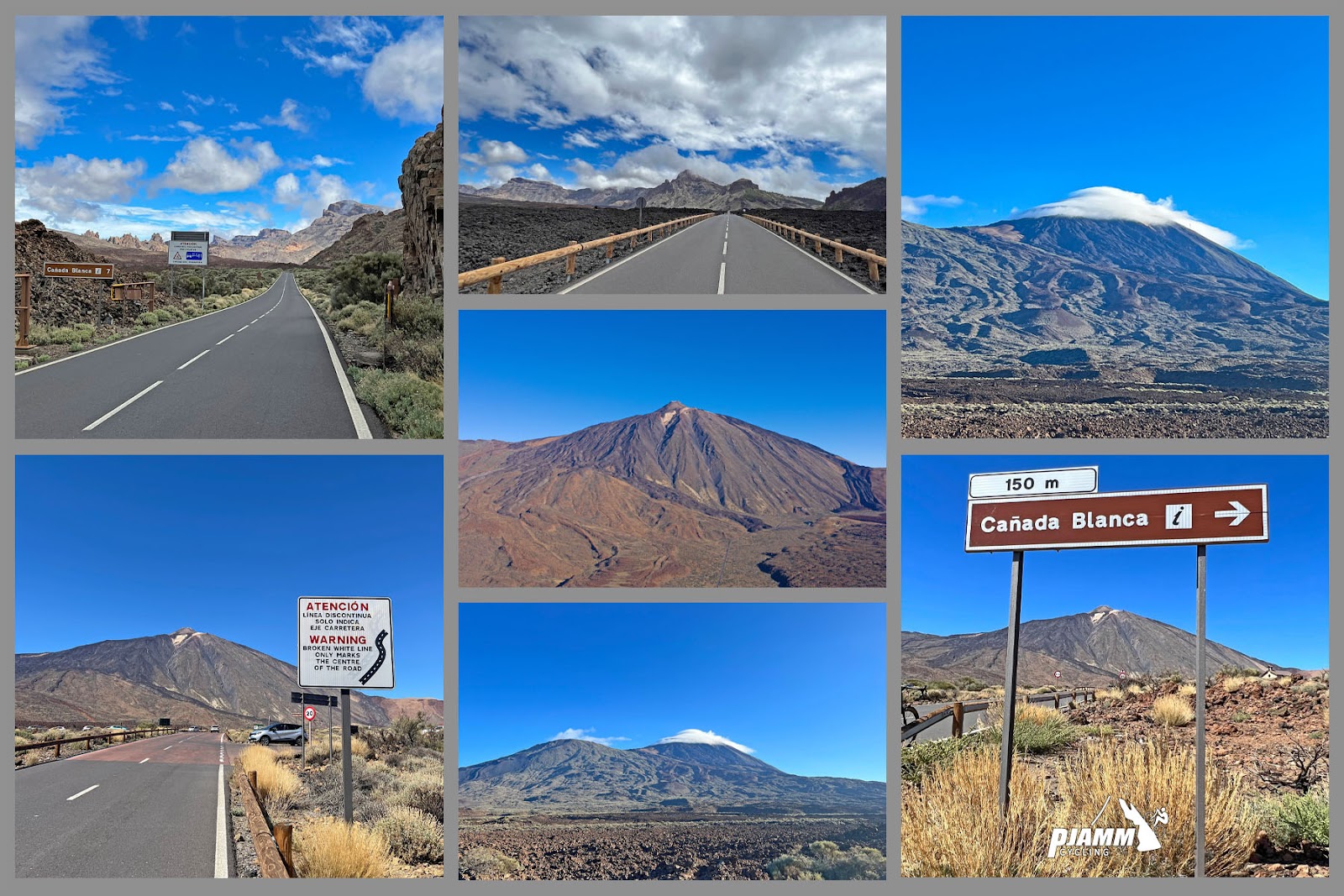 photo collage shows highway and mountain formations between climb's finish and the visitor center; sign for Canada Blanca