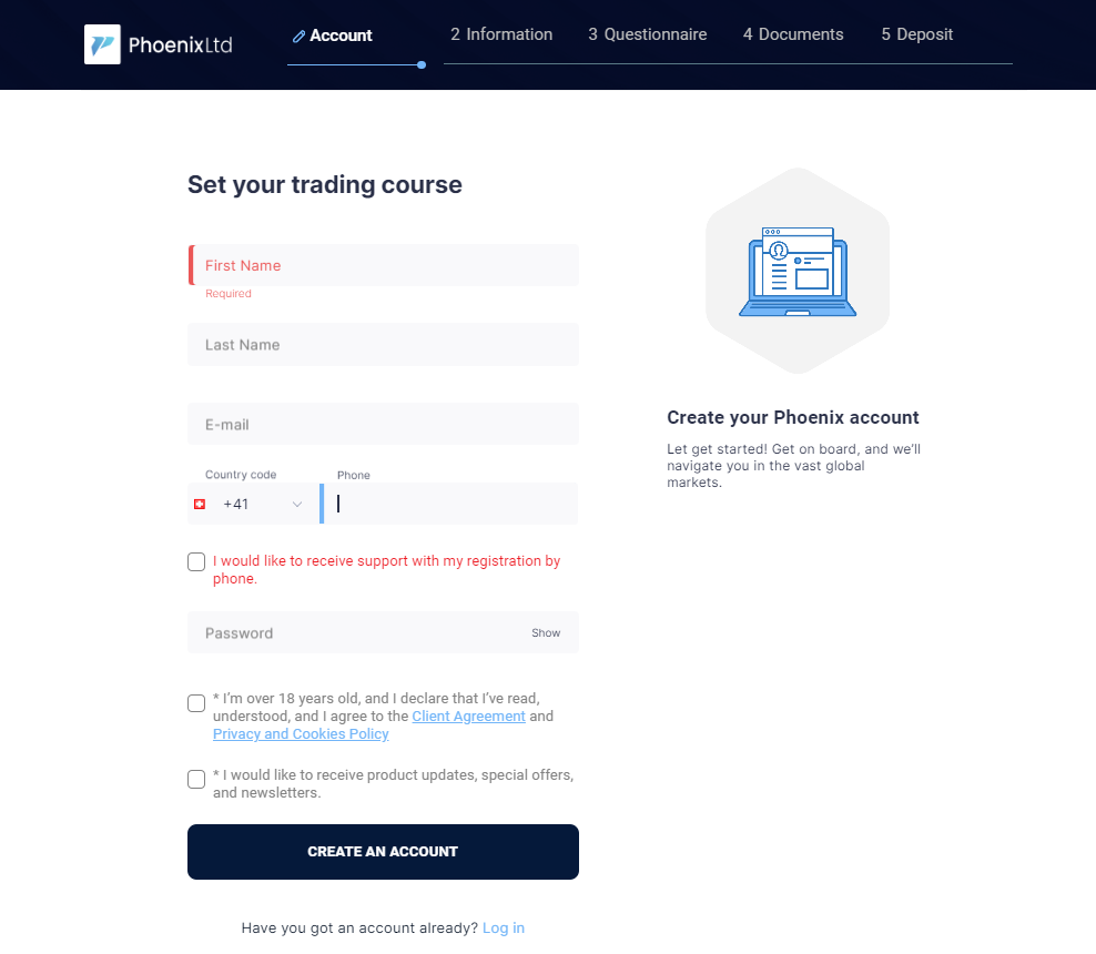 Follow the simple instructions to register on a reliable trading platform Phoenix Ltd