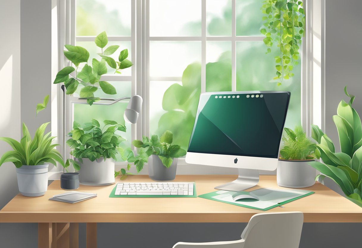 A desk with a computer, calendar templates, and design tools. A window with natural light. Green plants and eco-friendly materials