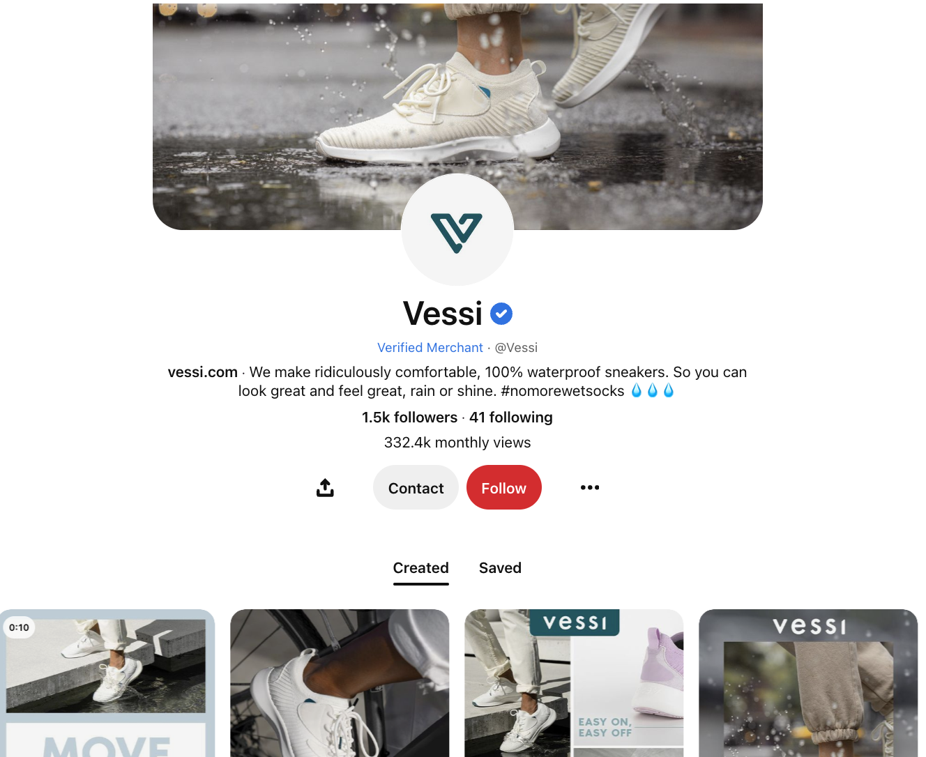 Vessi Sneakers’ Pinterest bio is optimized for SEO