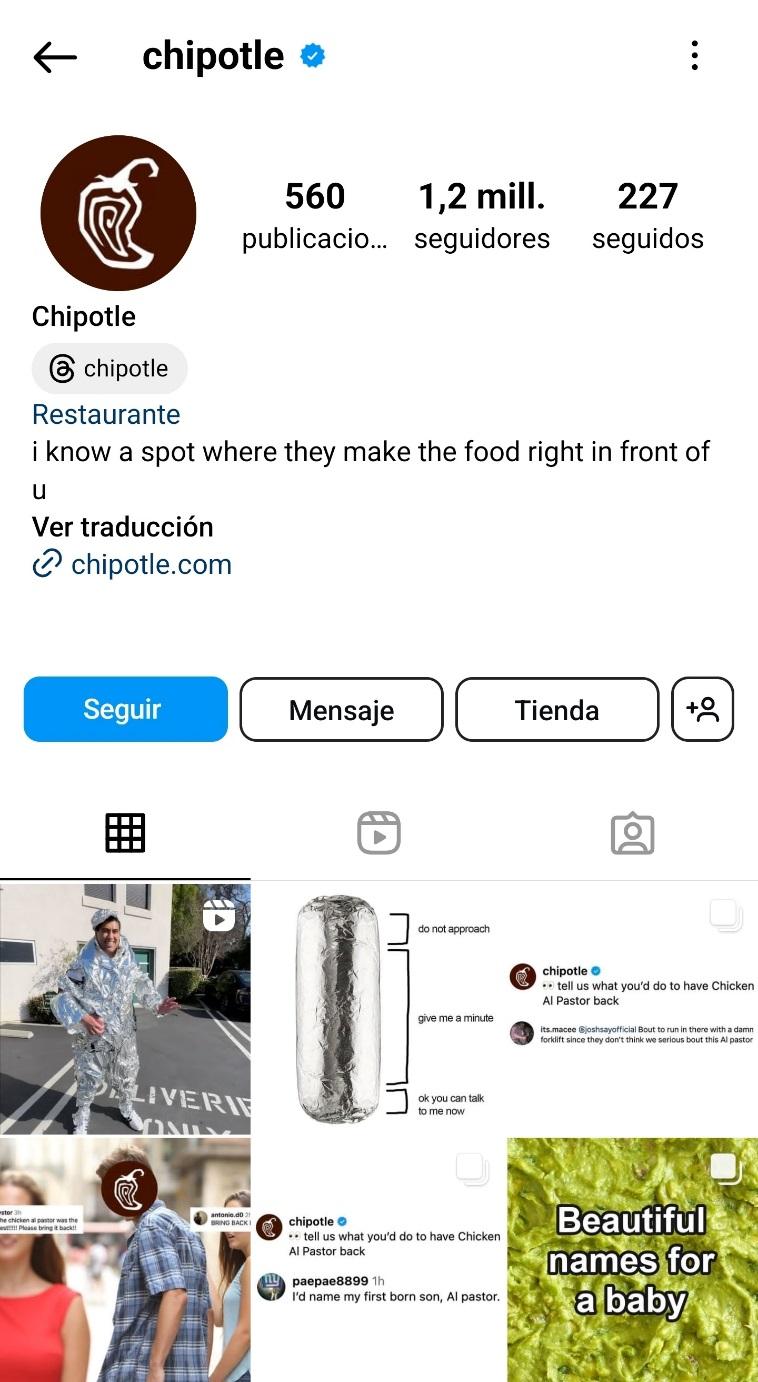 Feed de Instagram de la empresa Chipotle