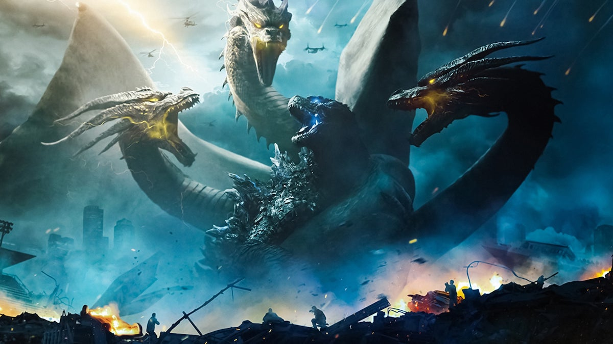 Dragón de tres cabezas peleando con Godzilla