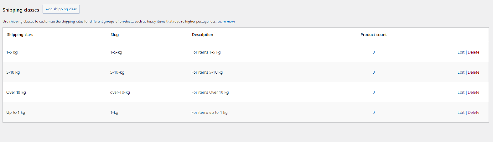 Classes for WooCommerce weight based shipping
