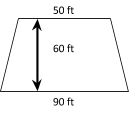 Diagram showing a trapezoid where the summit measures 50ft, the base measures 90ft, and the height measures 60ft.