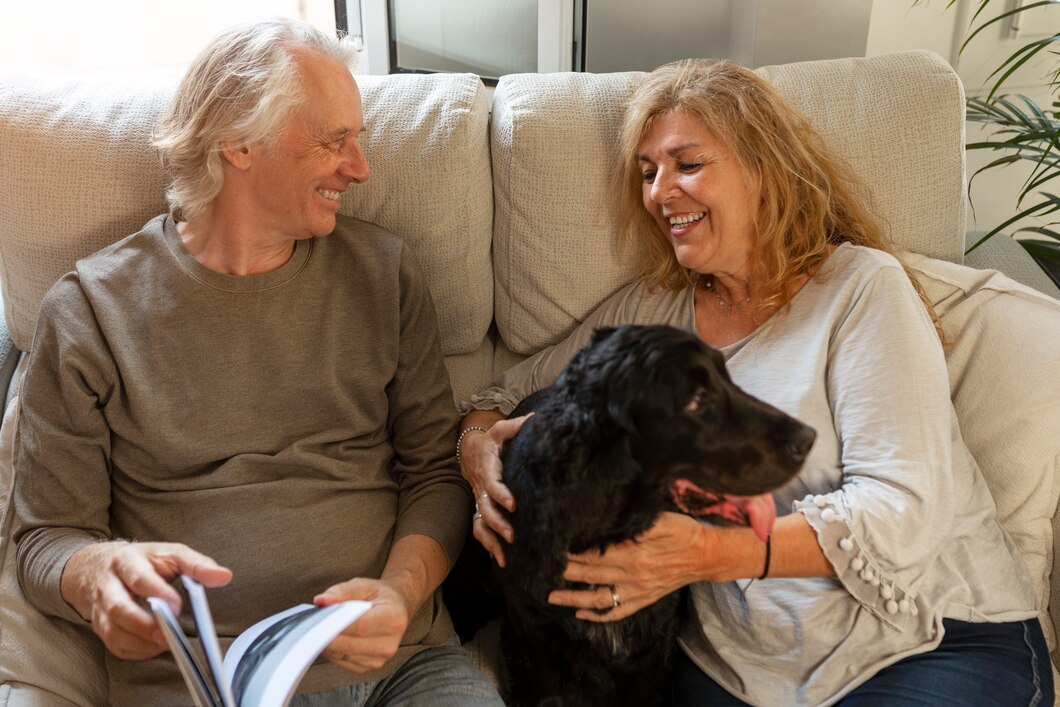 Smiley couple with cute dog