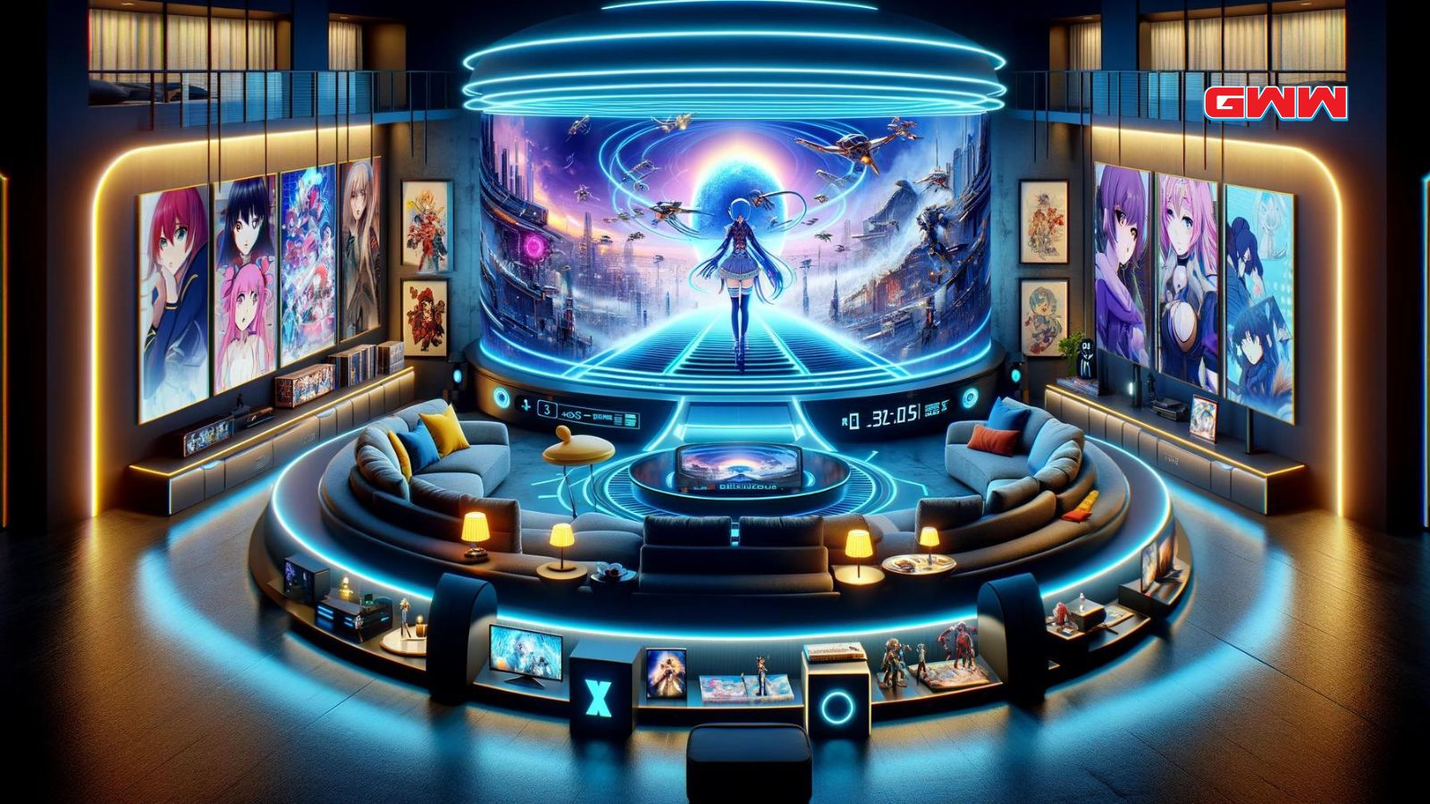 Futuristic anime-themed living room with curved display