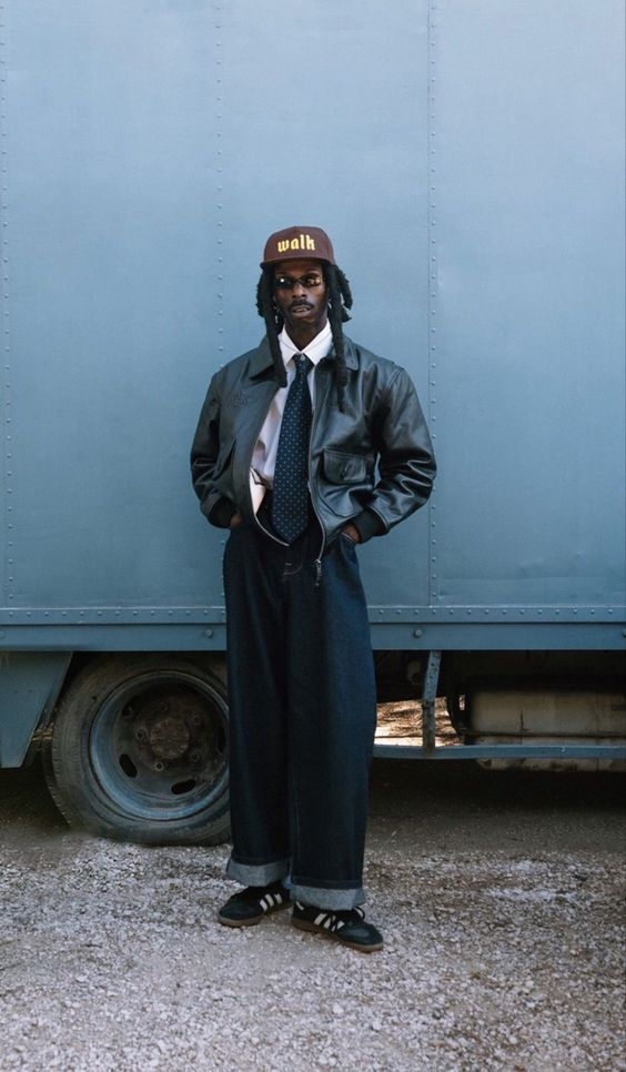 Picture of a guy wearing a leather jackets with a tie and accessorizing with a  head piece and shades