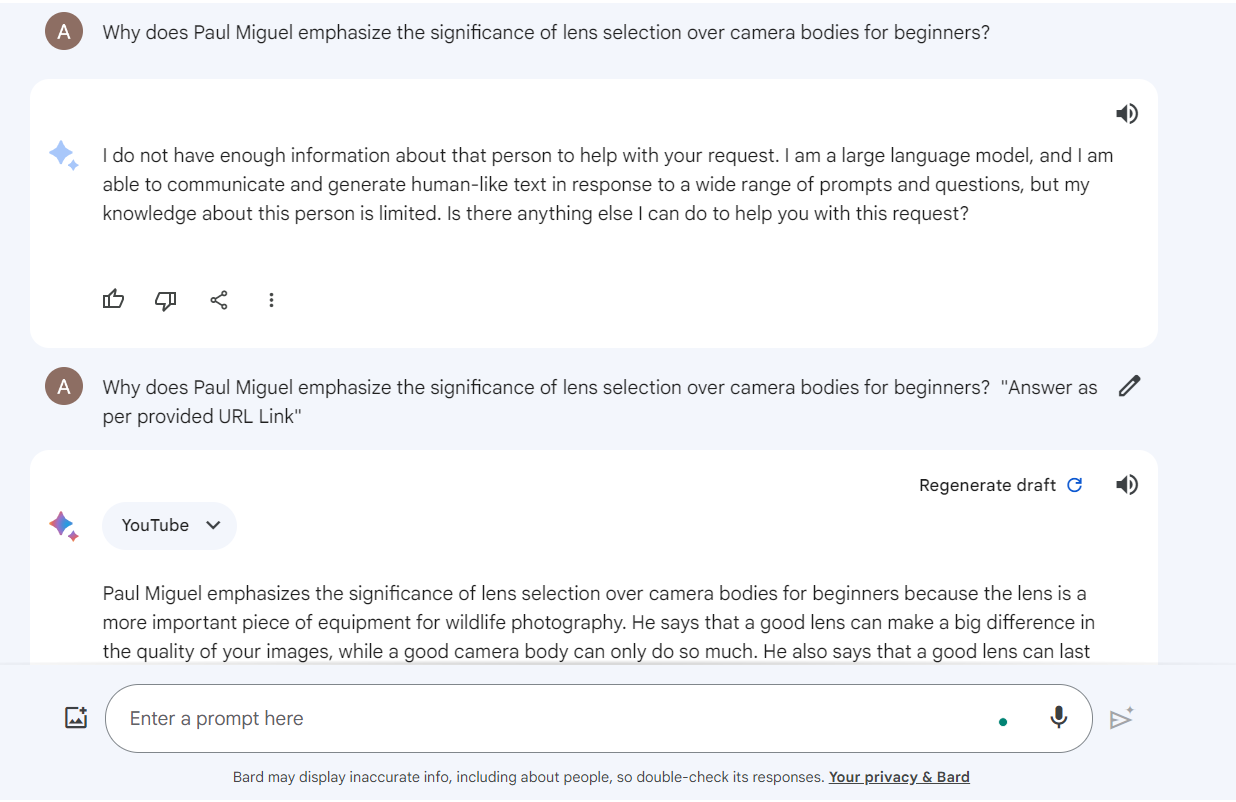 Google Bard using its YouTube Extension To Comprehend and Summarize Videos