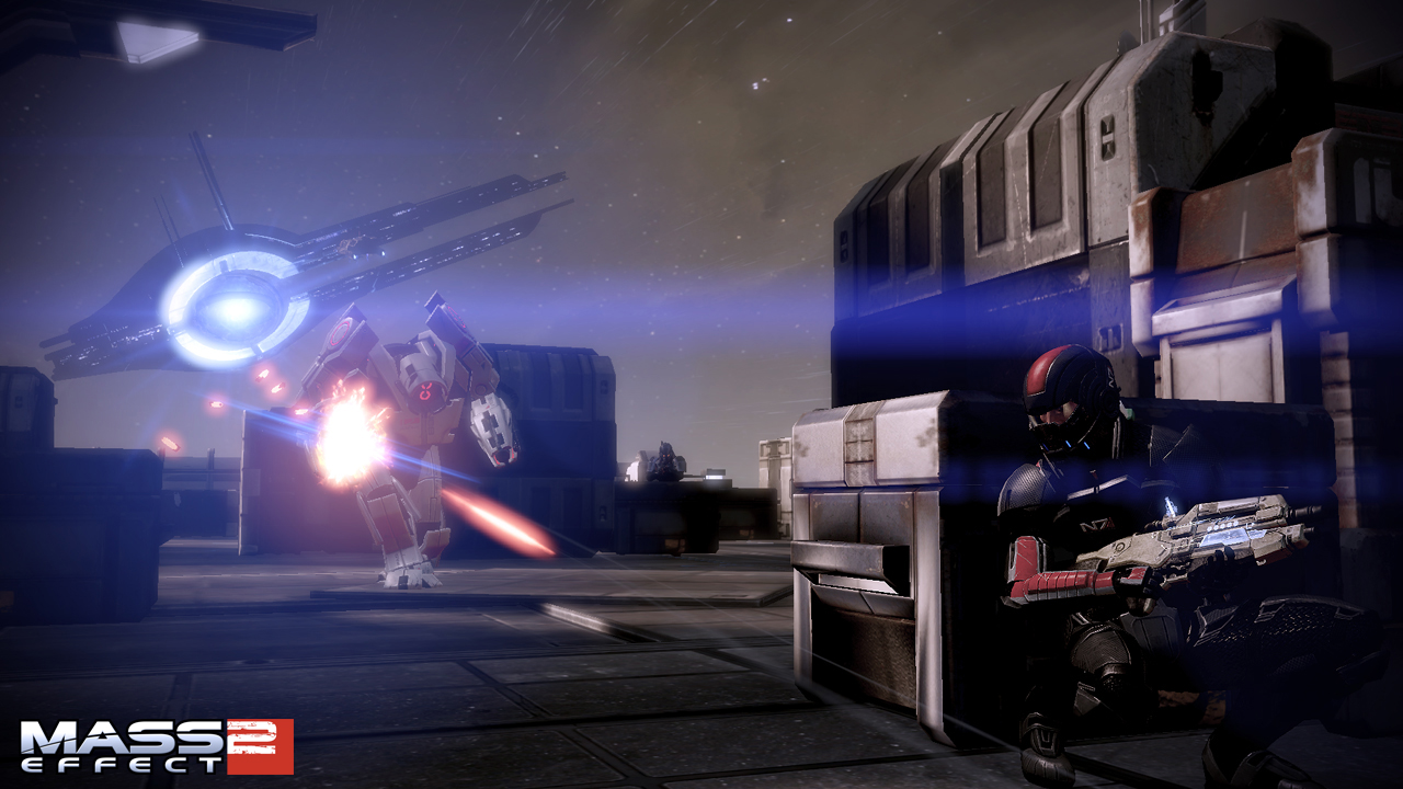 An in game screenshot of Commander Shepard in a firefight from Mass Effect 2. 