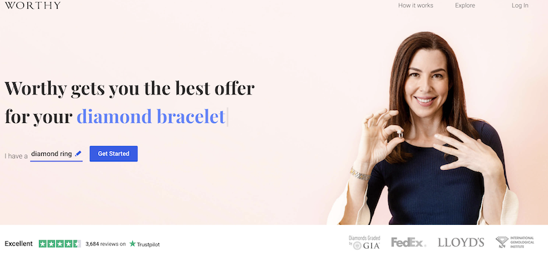 A screenshot of Worthy.com’s website, which shows a woman potentially selling her diamond ring
