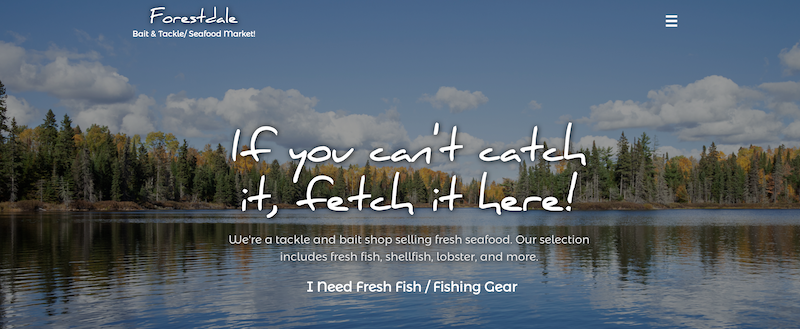 A screenshot of the homepage of Forestdale Bait and Tackle, which clearly displays what they sell (bait, tackle, etc.)