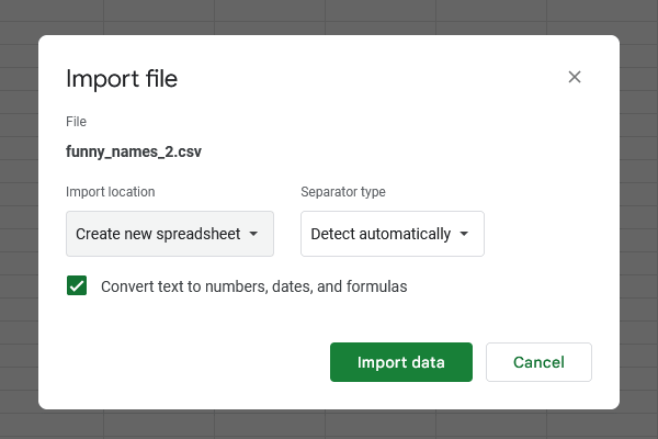 Google Sheet CSV import menu