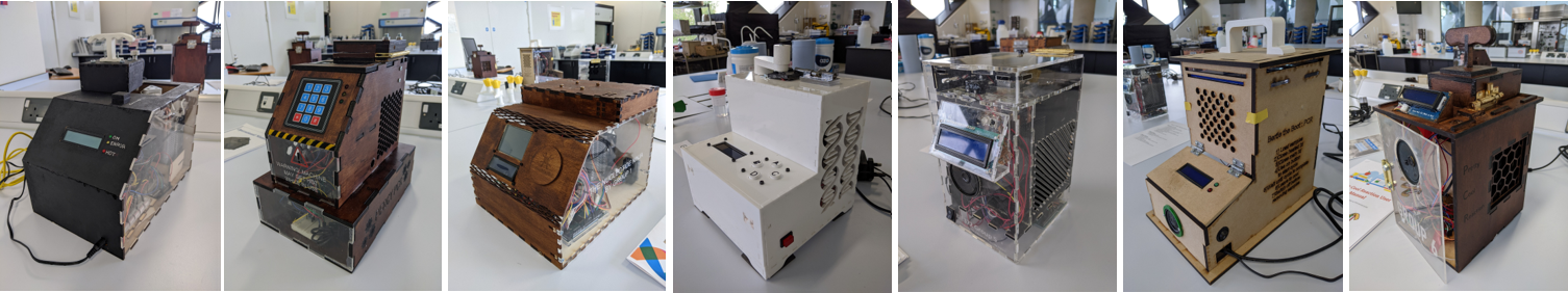 A composite image showing all of the seven PCR machines produced by the student teams for BIE372.