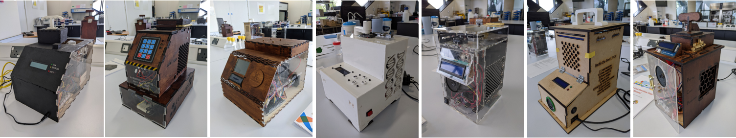 All the team's PCR machines A composite image showing all of the seven PCR machines produced by the student teams for BIE372.