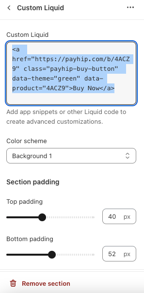 A screenshot of editing the Custom Liquid section type on Shopify