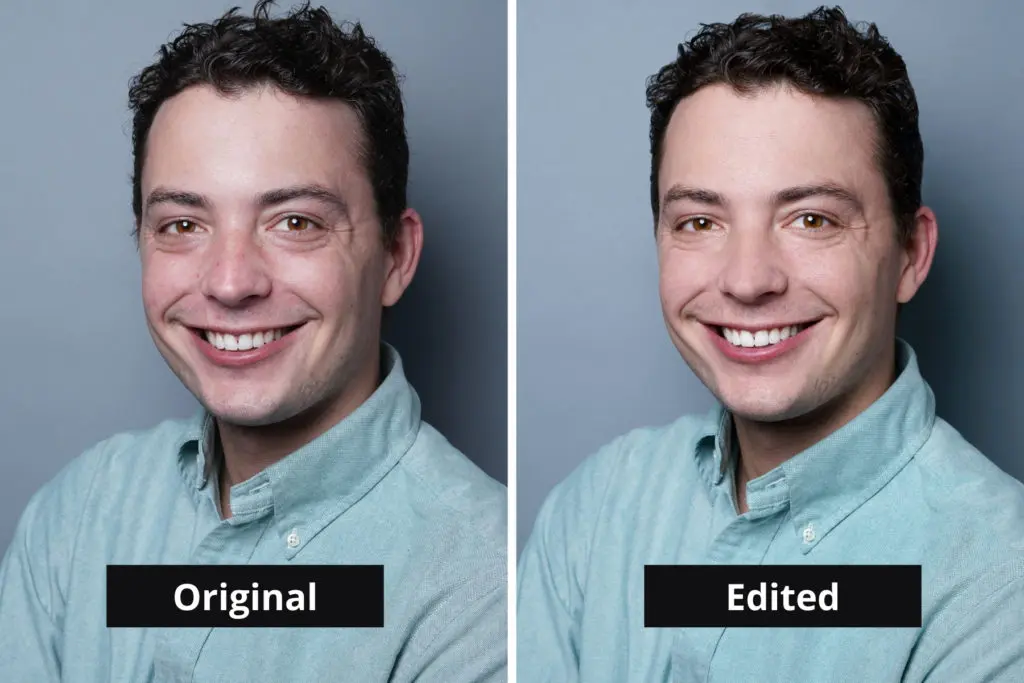 A side-by-side comparison of a corporate photoshoot that is edited and unedited