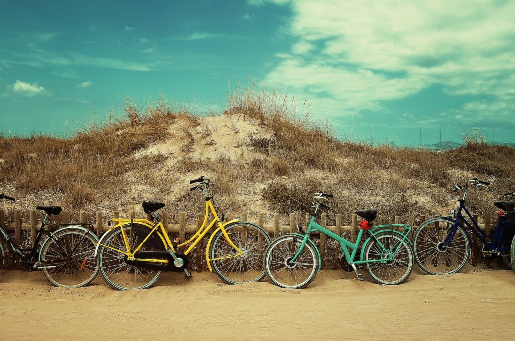 four assorted-color commuter bikes near hill at daytime