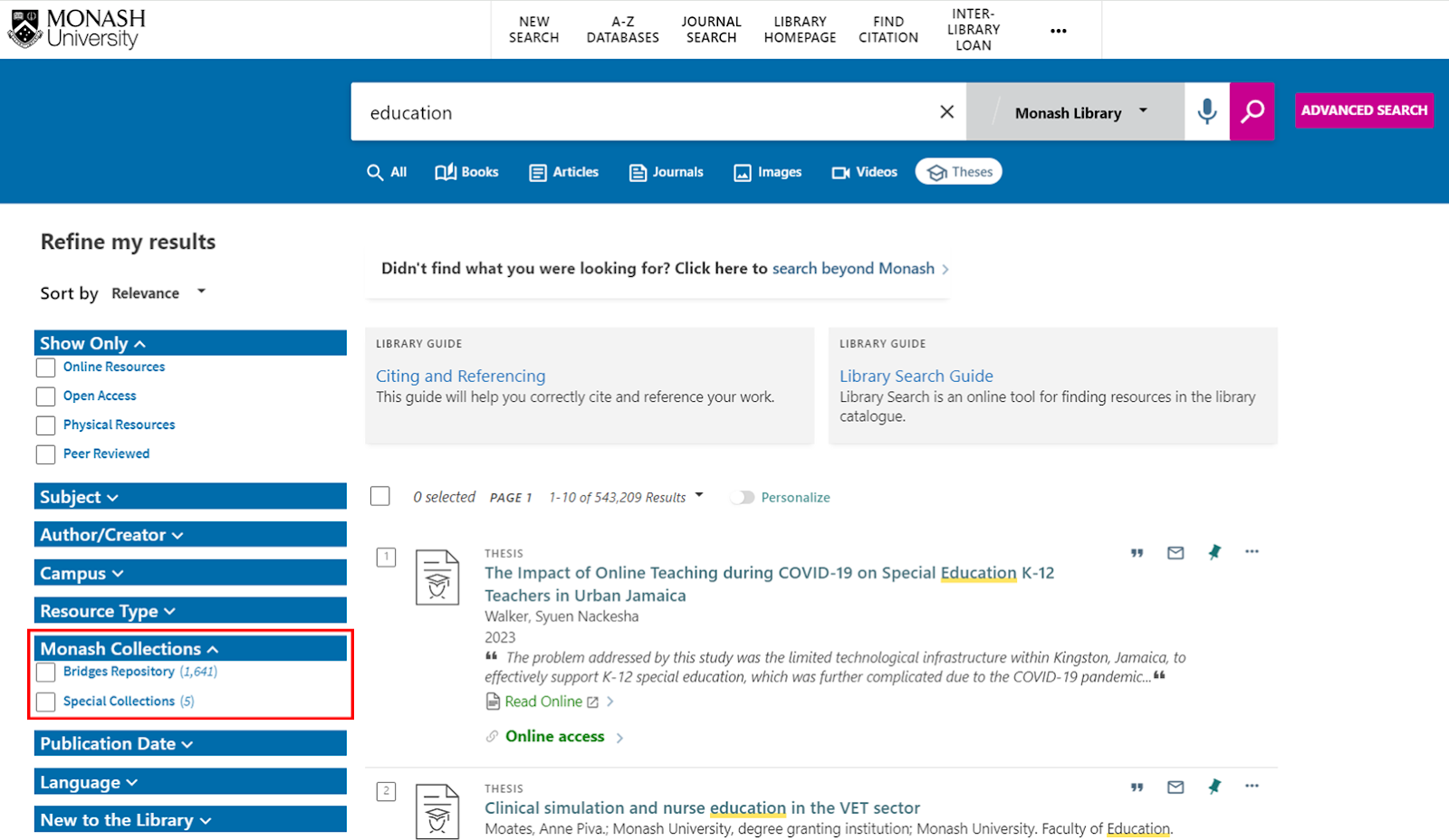 Library Search results page with Monash Collections filters highlighted
