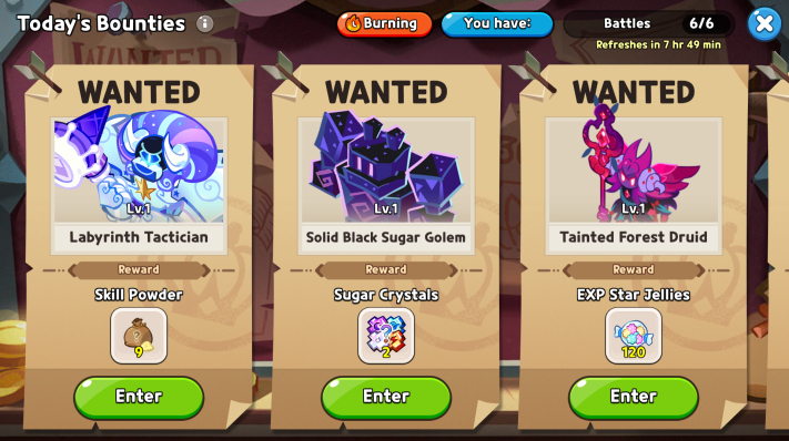 A screenshot of the new Today's Bounties changes in Cookie Run Kingdom. 