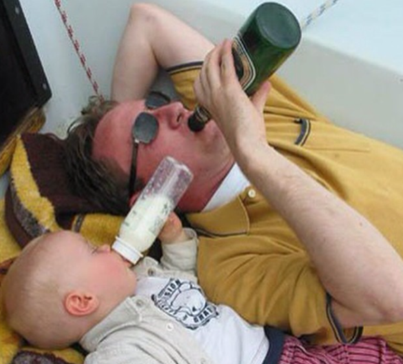 a man drinking beer and his baby drinking milk