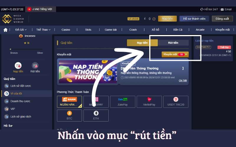 Nhấn vào mục “rút tiền”