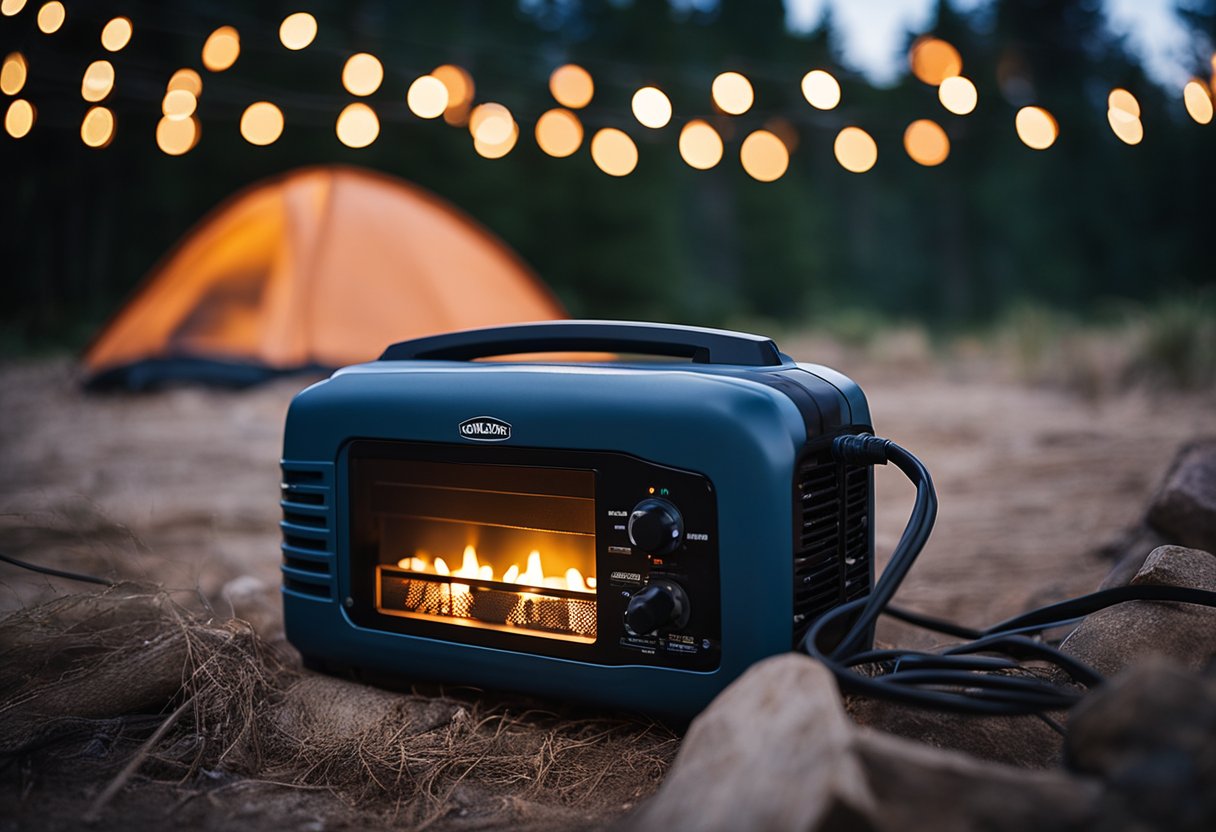 A camping generator hums quietly beside a cozy campfire, powering a string of twinkling lights and charging up electronic devices. The serene night sky is illuminated by the warm glow of the fire, creating a peaceful and inviting atmosphere for outdoor enthusiasts