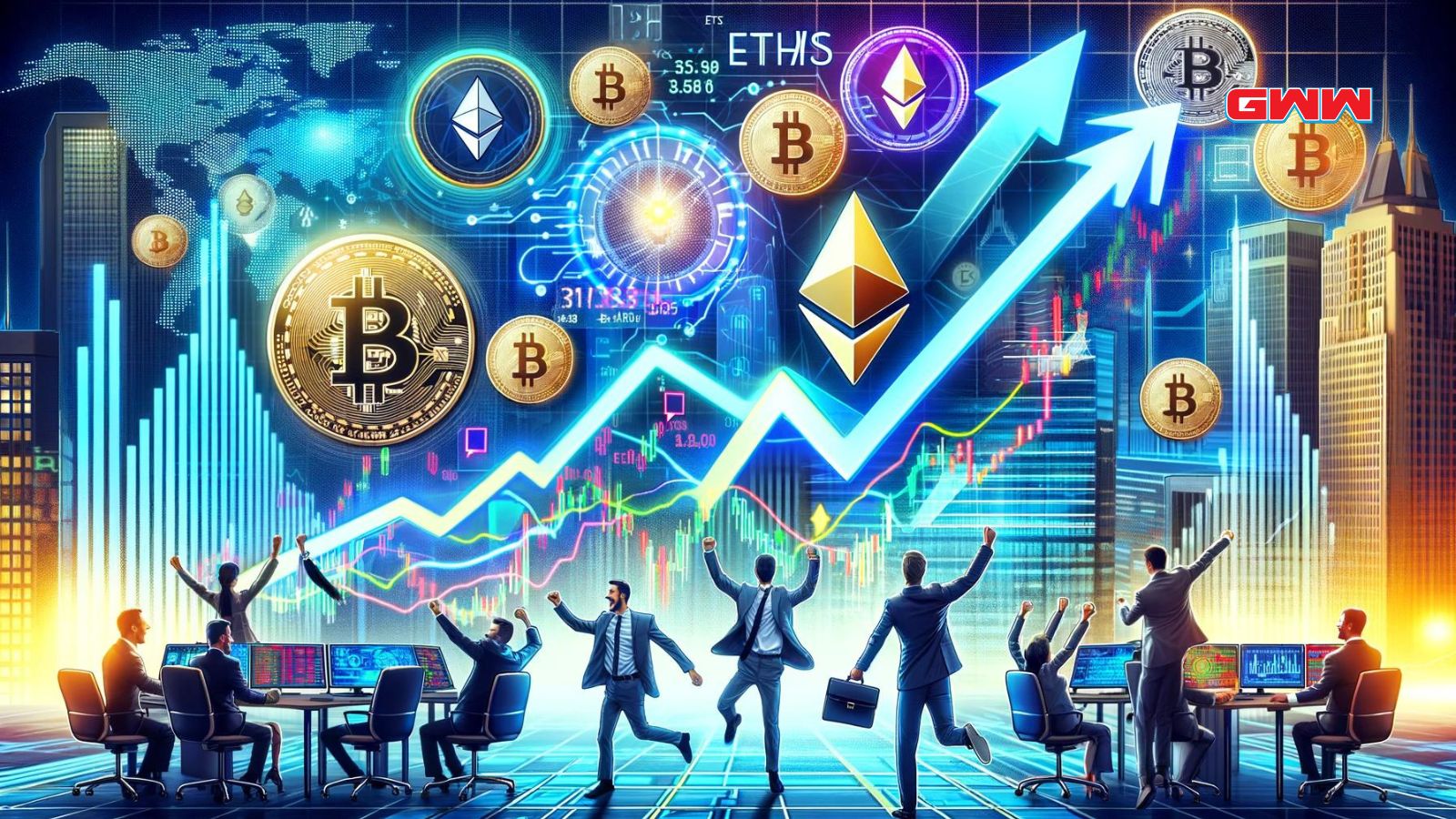 A vibrant financial scene showcasing the optimism in the cryptocurrency market as investors turn optimistic about Ether ETFs
