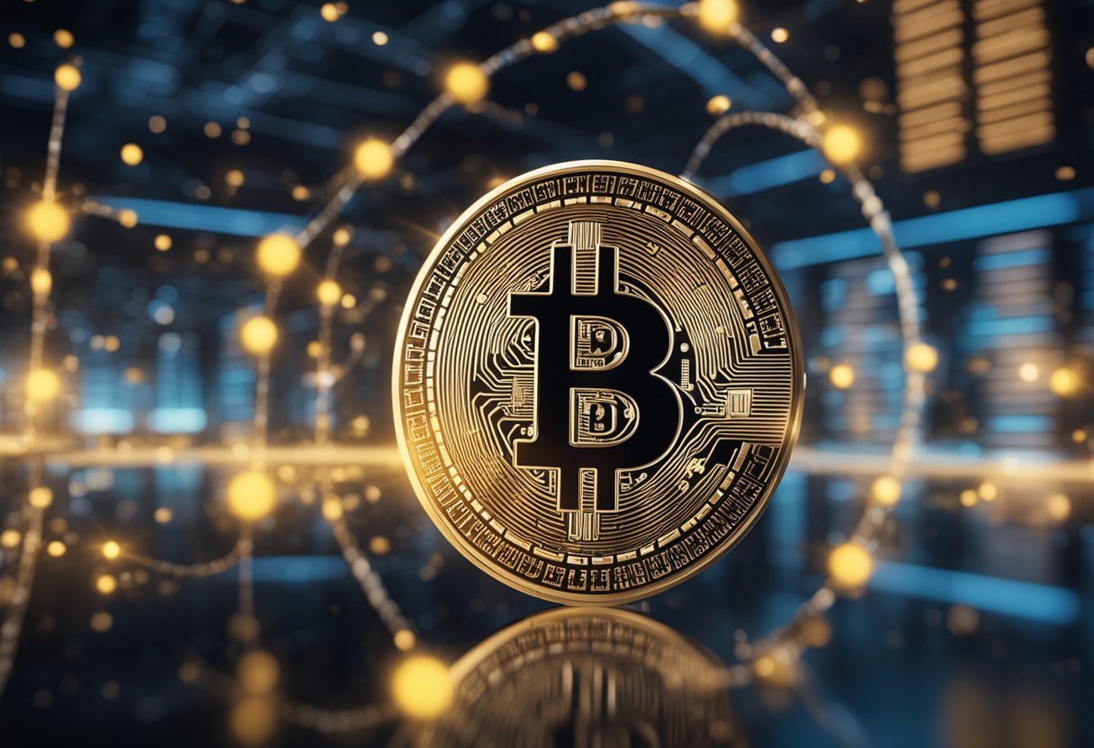 A futuristic digital interface displays secure transfer of wealth using blockchain technology. Encrypted keys unlock a virtual vault, symbolizing crypto inheritance in 2024