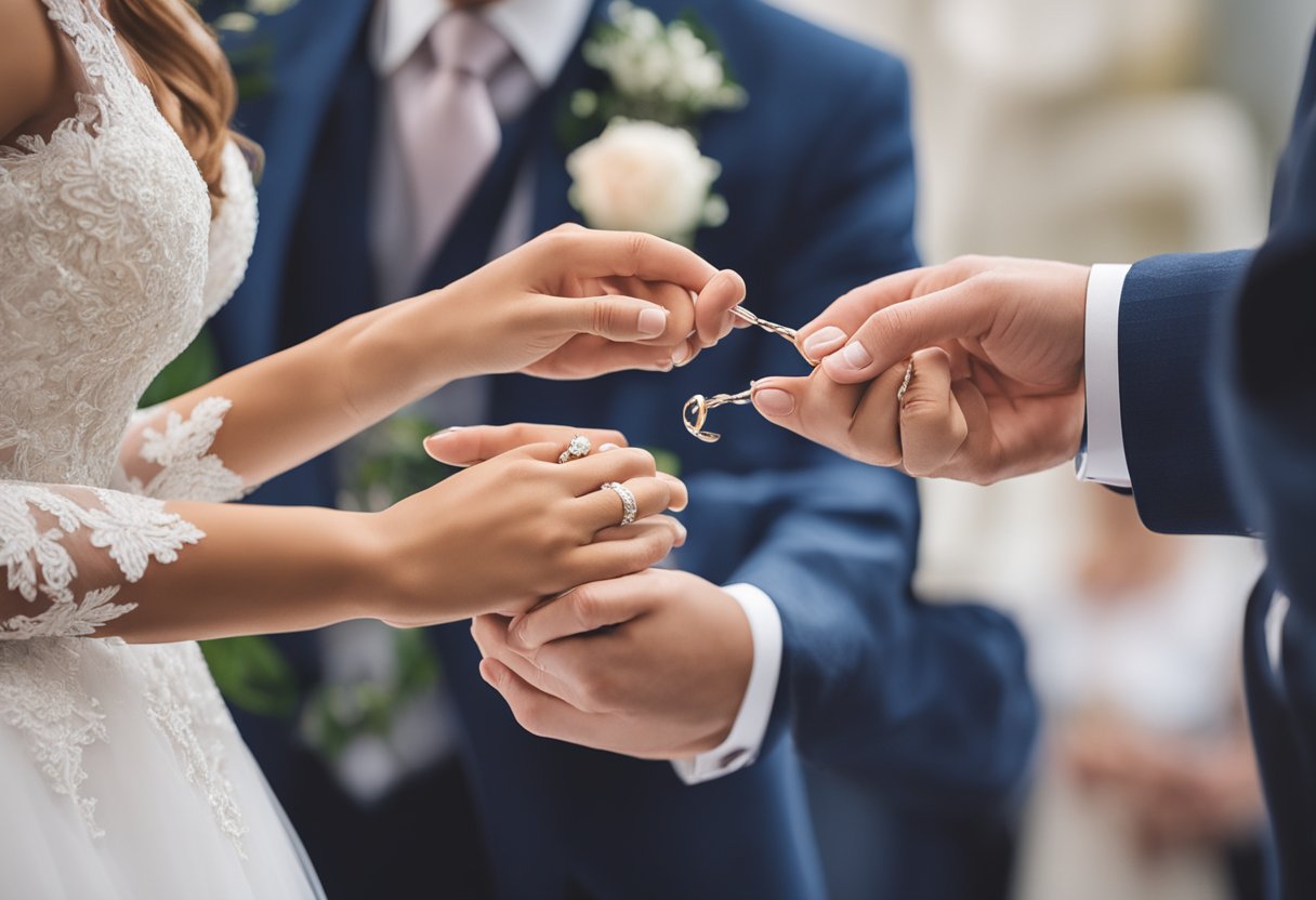 A bride and groom's hands exchange wedding rings, captured by a wedding photographer. The importance of capturing this moment is evident in the emotion and significance of the event