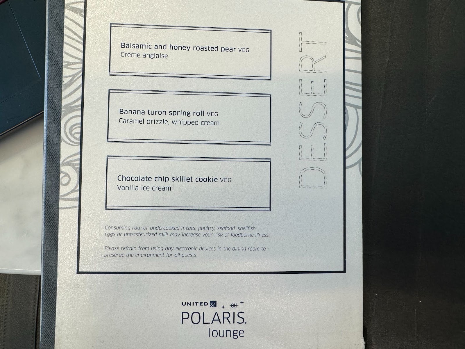 The dessert section of the SFO Polaris Lounge dining area menu