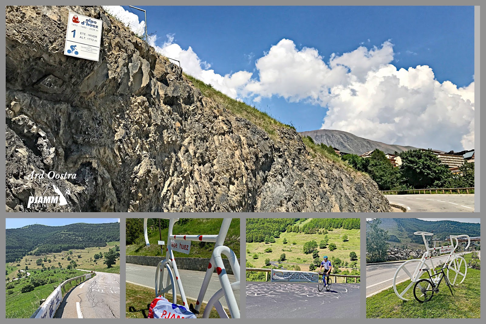large statue of a white bike on the Alpe D'Huez bike climb, between kilometers 5 and 4