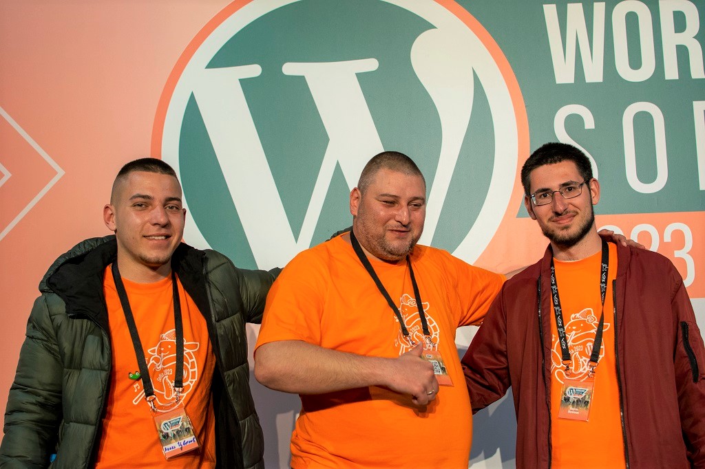 Ismail, Martin Zhelyazkov and Alex Tsvetkovi - volunteers at WordCamp Sofia 2023, April 22, 2023, forum "John Atanasov" Sofia Tech Park
