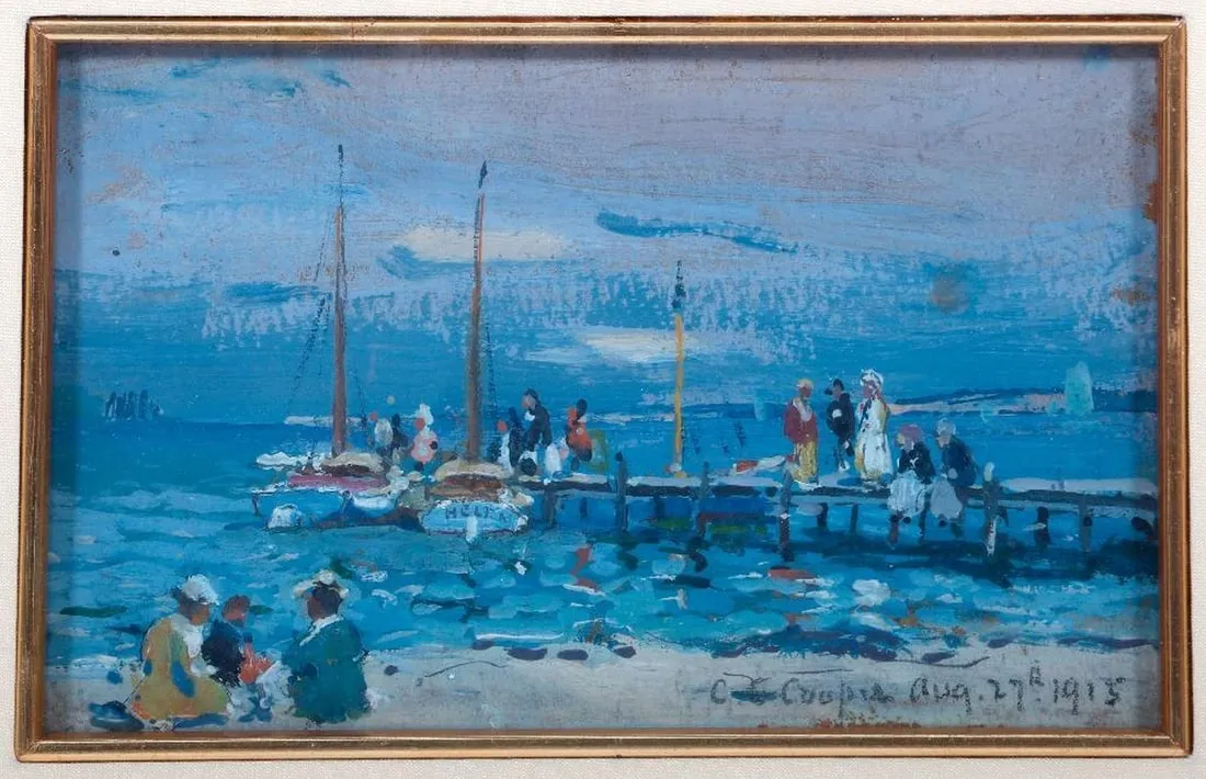 A painting of people on a dockDescription automatically generated
