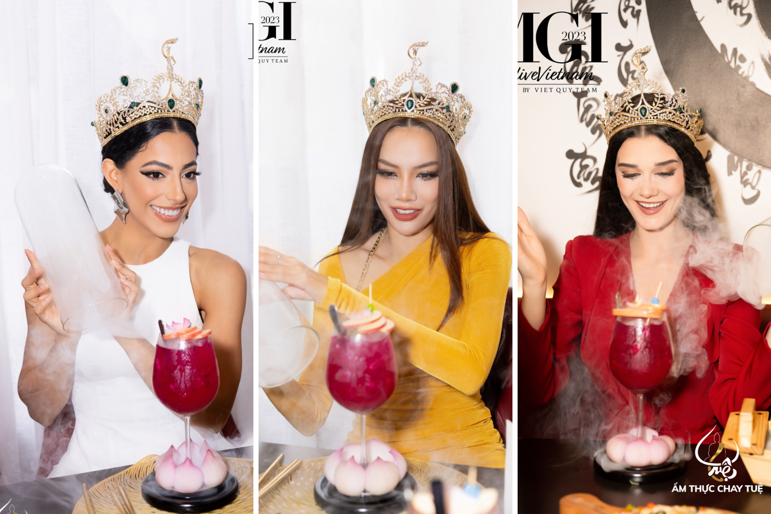 A collage of a person wearing a crown and a drink Description automatically generated