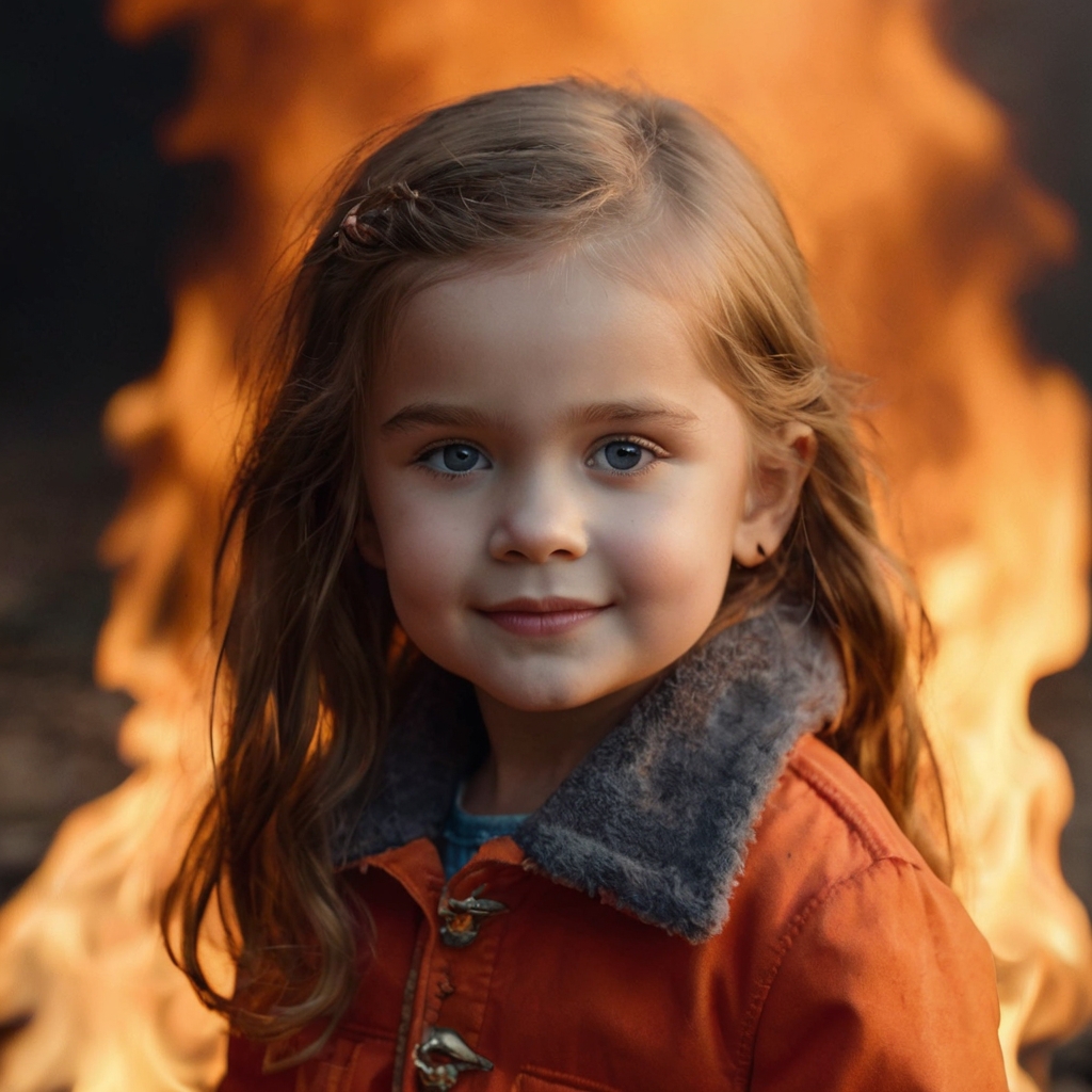 Little girl smiling with a fire background - Names That Mean Fire - Baby Journey