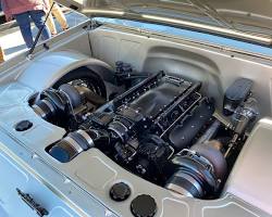 Truck engine bay with dual turbos: