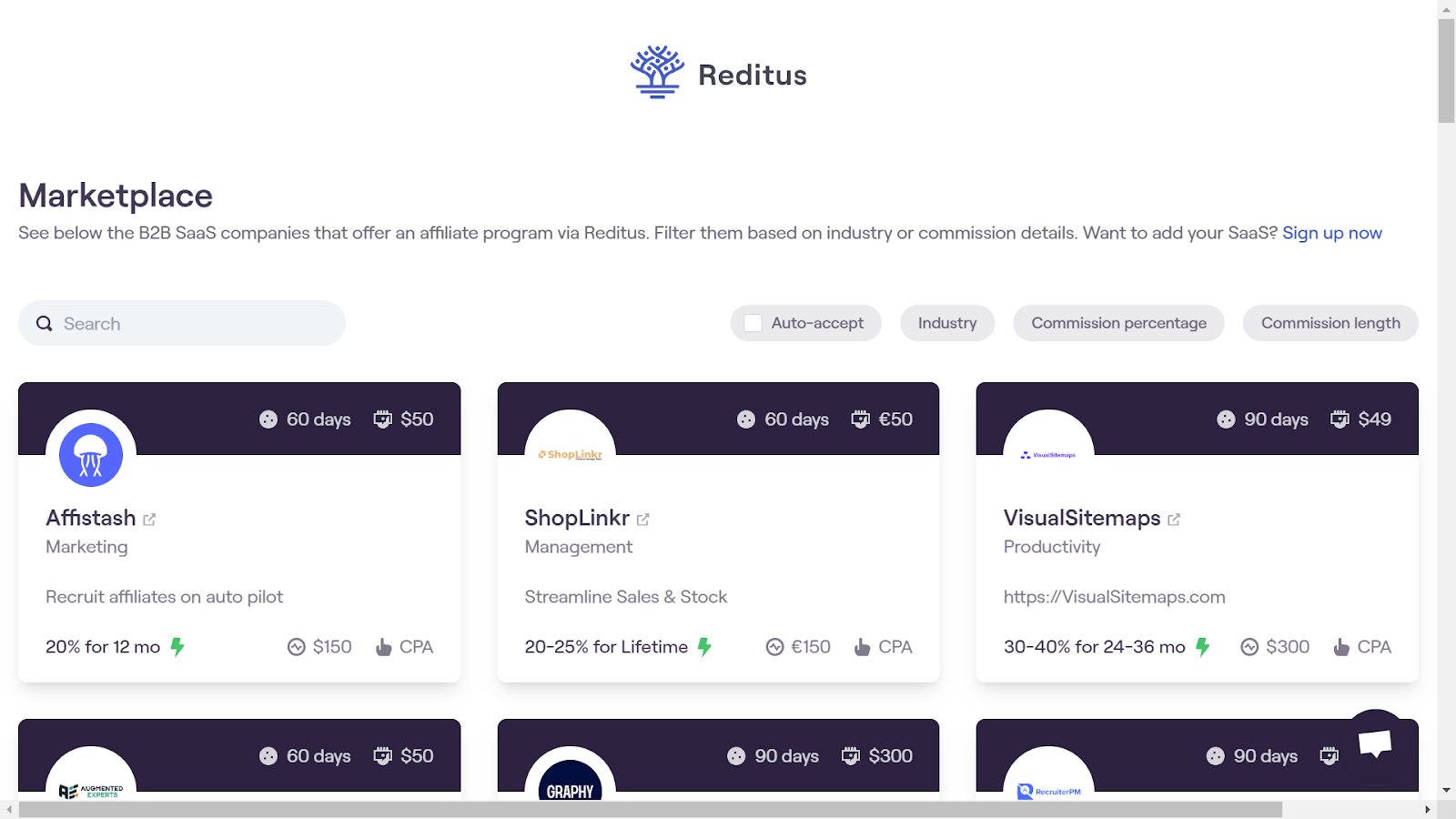 Screenshot from the Reditus Marketplace landing page.