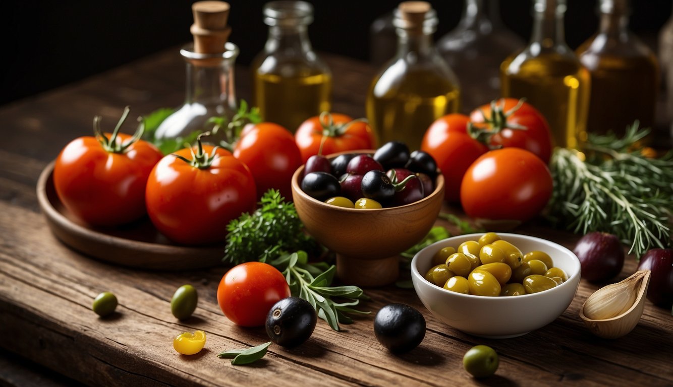 Fresh tomatoes, olives, garlic, olive oil, and herbs on a rustic wooden table. A colorful array of vegetables and spices in the background