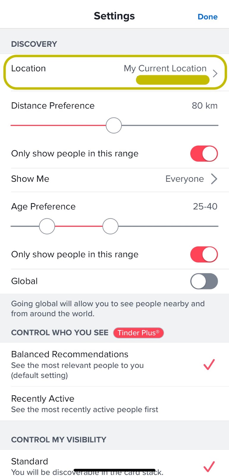  Tinder mobile phone interface showing the different setting options including location, distance preference, age preference, and visibility.