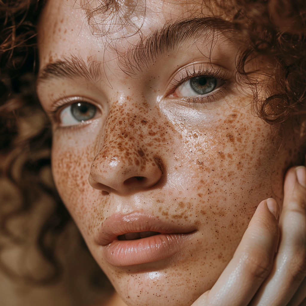 female with curly red hair, and lots of freckles and clear skin after using natural skin care ingredients.