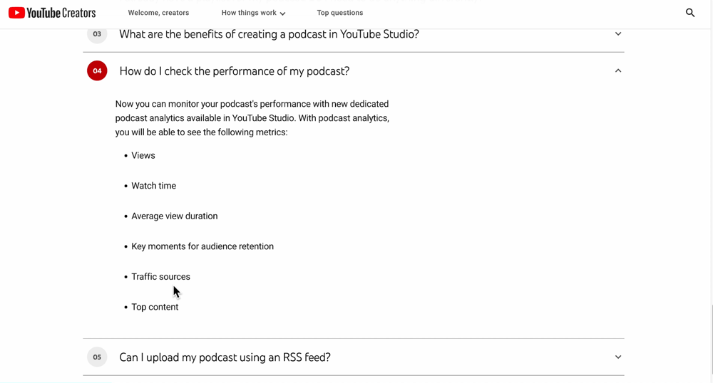 Information on 'How do I check the performance of my podcast?' in YouTube Creators 