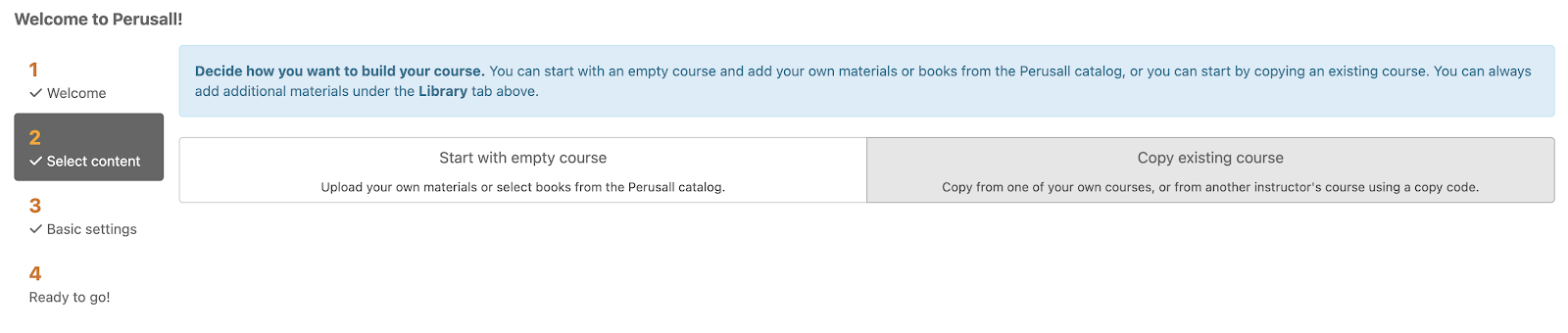 Left side of onboarding page with the second item on the left (Select content) highlighted