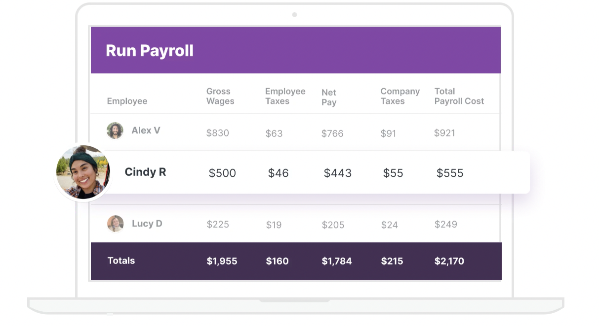 A graphic showing how the Homebase payroll interface looks when you pay team members.